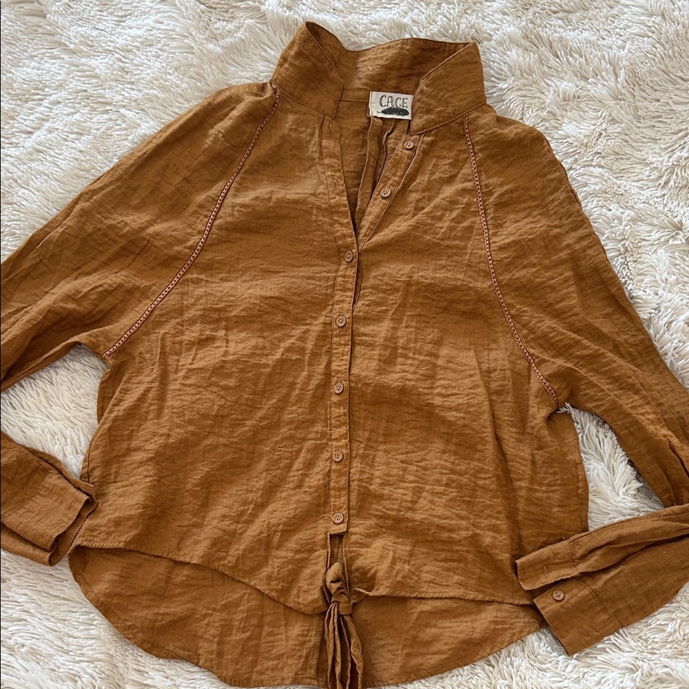 Cage orange Brown Button-Up Shirt tie up, size small